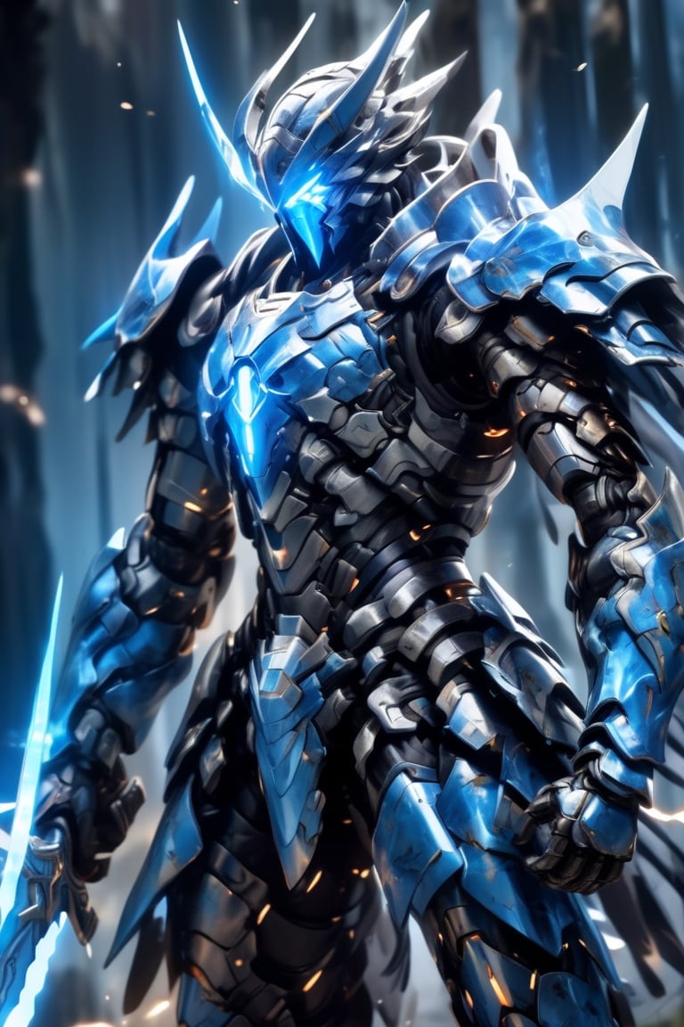 A warrior full of power, wearing armor with a strip of bioluminescence light, in a state of victory, holding a sword (the sword has cracks and crevices filled with bioluminescence light), high resolution, 8k, cool color, muscular body, ( full body), mecha, Origami, black, blue, and white armor with a fusion of colors, blue fire around