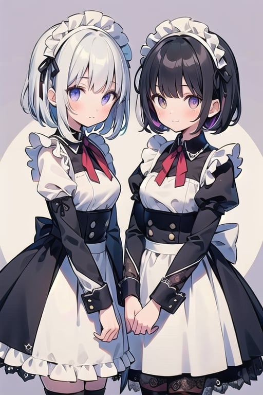 (masterpiece), (2girls), black hair, silver hair, (medium hair), multicolored hair, yellow eyes, purple eyes, medium breasts, maid uniform, white shirt, short black skirt, lace, frills, lace trims, frilled sleeves, frilled skirt, lolita fashion,