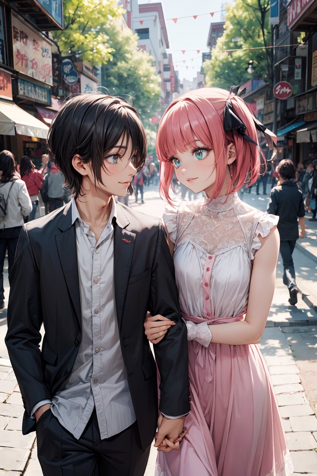 couple of man and woman, man(tall, young, muscular, black hair, green eyes) and nino nakano(slim body, cute, small, dress, short pink hair, smile), romance, holding hands strolling through the quiet park, looking at each other. (masterpiece, high resolution, high quality: 1.2), ambient occlusion, exceptional colors, low saturation, high detail, detailed face, dreamscape