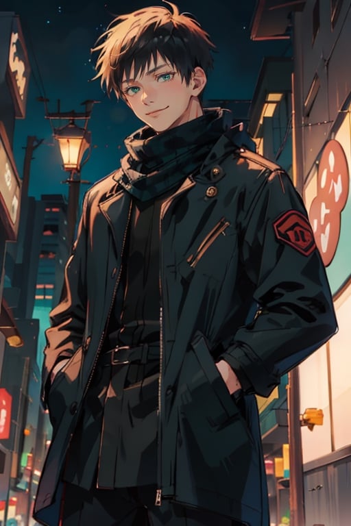 (masterpiece, best quality: 1.2), cowboy photo, alone, male focus, 1 boy, gojo satoru, smile, hands in pockets, black scarf in neck, black jacket, vash the stampede, yofukashi background, black hair , green eyes