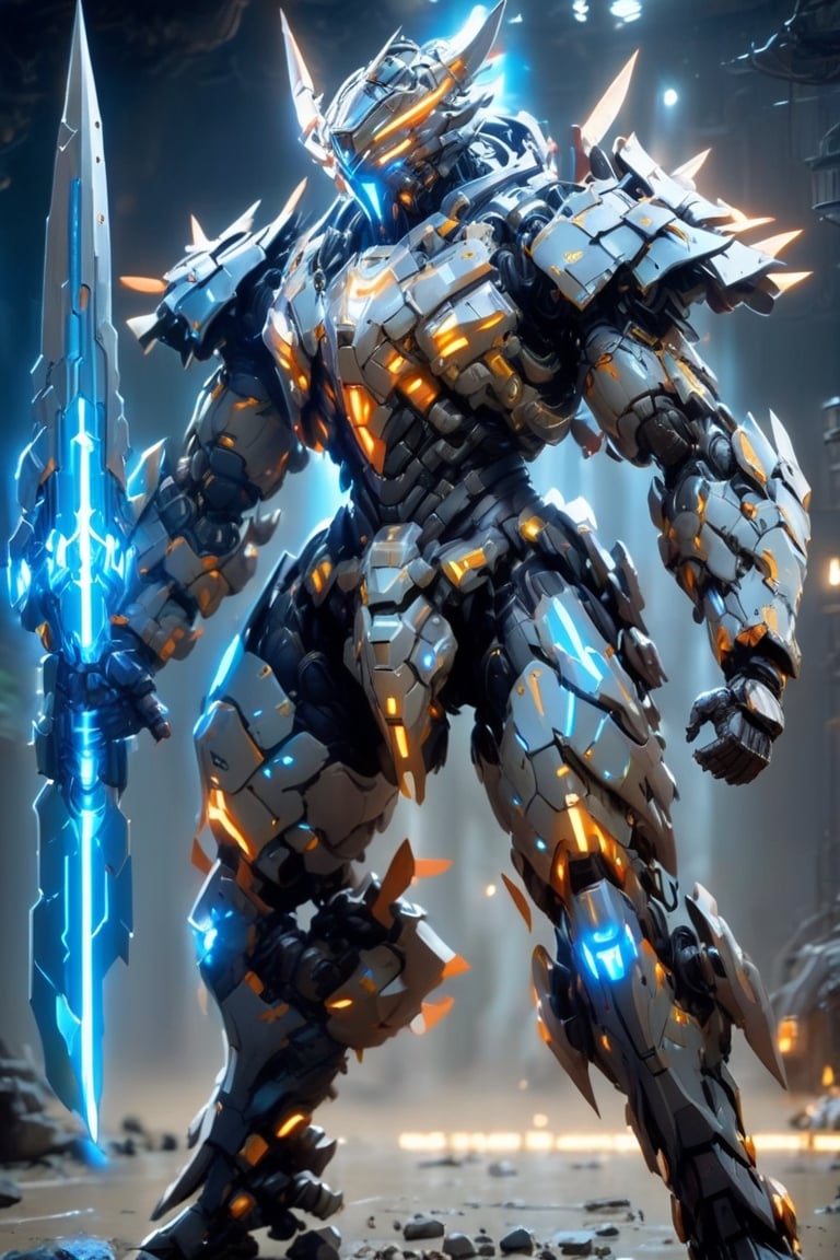 A power full warrior, wearin_armor with bioluminescence light strip on it, in victory mood,holding picker(picker having crack and crack fill with bioluminescence light) ,high_resolution, 8k,coocolor,muscular body,(full body),mecha,Origami 