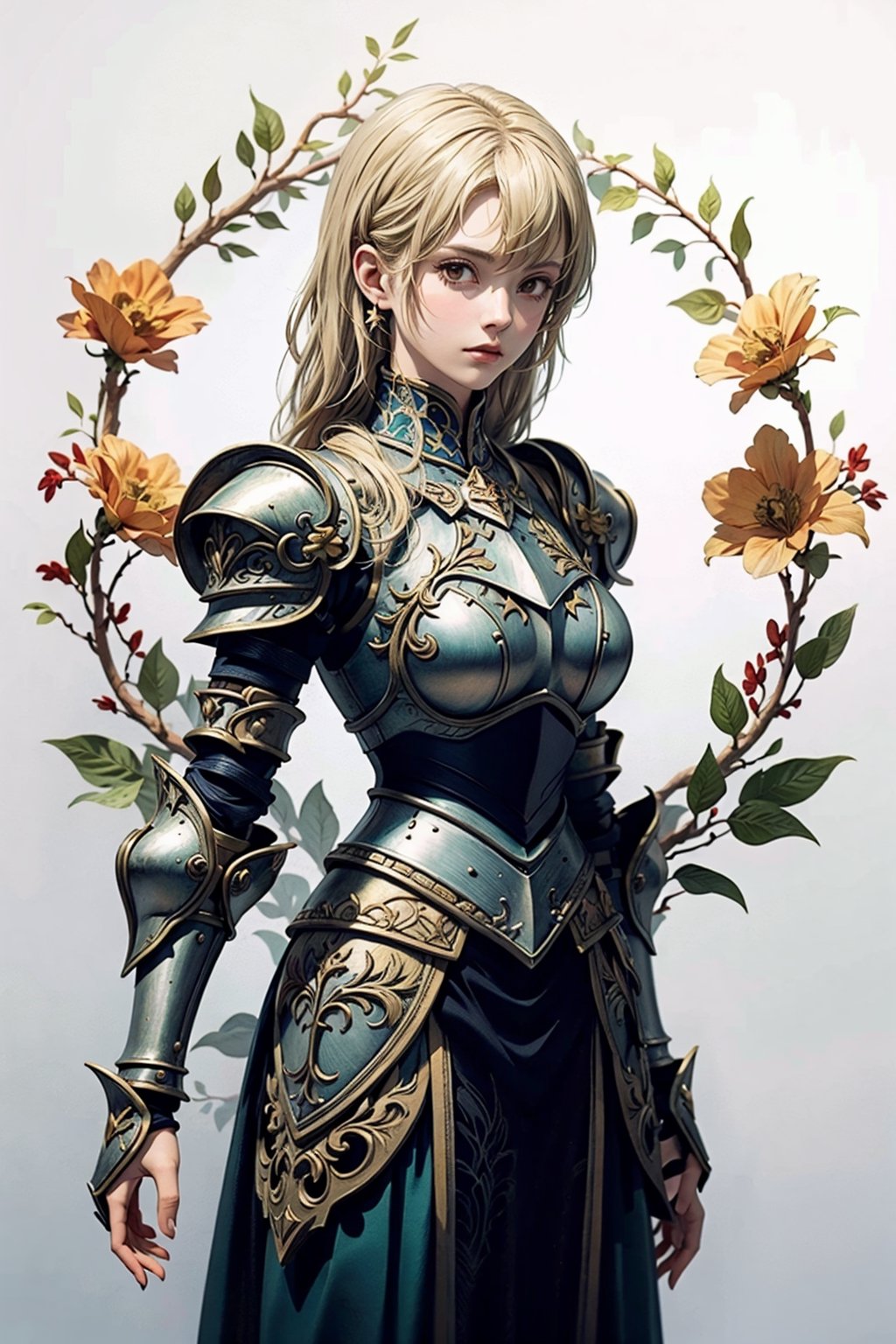 Create a sketch in a Sketchbook Style on paper, depicting a noble female knight with flowing blonde hair. She wears intricately designed armor adorned with a glossy fleur de lis symbol, showcasing her noble heritage. The sketch should blend bold dark lines and loose lines to emphasize the armor's detail and her strong posture. Render the image in 4k resolution, focusing on achieving a sharp, high-quality depiction of the knight and the fleur de lis symbol on her armor.