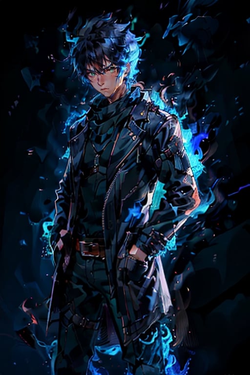 (masterpiece, best quality: 1.2), cowboy photo, alone, male focus, 1 boy, serious, hands in pockets, black scarf in neck, black jacket, vash the stampede, yofukashi background, black hair, green eyes , messy hair, blue fire around him,human on fire