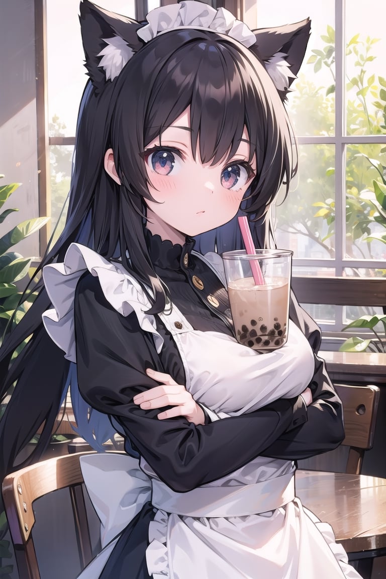 (masterpiece), 1girl, black hair, maid, cat ears, bubble tea challenge, drinking straw, crossed arms