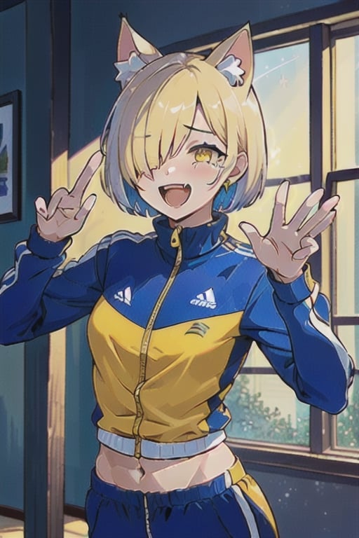 (masterpiece, top quality, best quality, beautiful and aesthetic:1.2), (1girl:1.3), original,, starry print hair, very short hair, hair over one eye, yellow eyes, muscular female, tracksuit, small breasts, tearing up, animal ears, cat ears, upper body, hakodate, indoors, (dynamic pose:1.2), laughing
