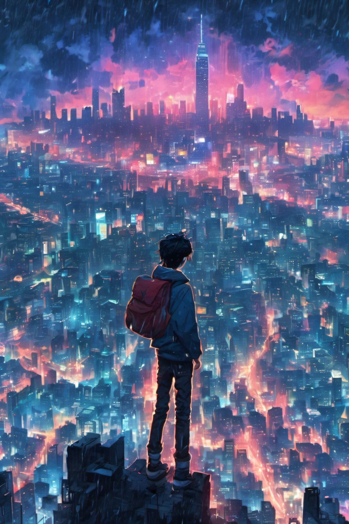 1 boy, standing on top of a building playing a guitar, facing front, night city, neon light, buildings, beautiful view, raining, raindrops, lofi, epic sky, inkscape