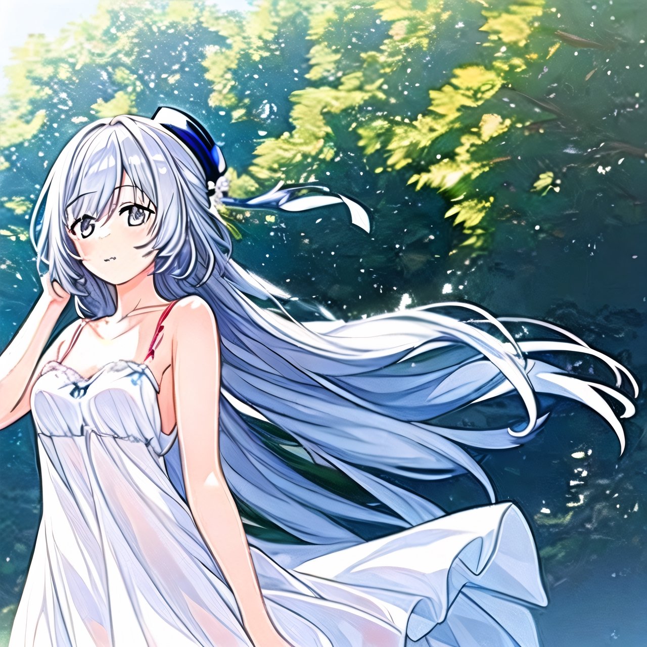 1girl, jingliu \(honkai: star rail\), (white dress, sundress, chemise:1.6), silver hair, floating hair, adjusting hair,  sunflower, outdoor, wind turbine, happy, sun hat, depth of field, miku izayoi