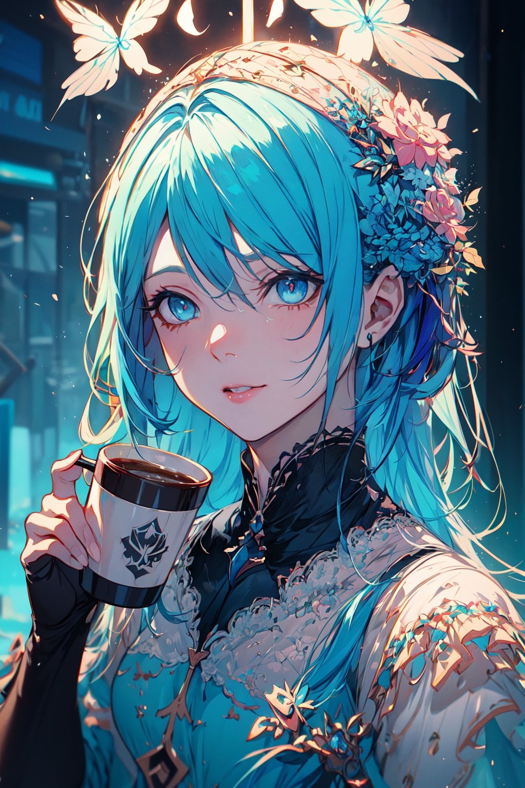 high quality, 8K Ultra HD, high detailed, masterpiece, A digital illustration of anime style, soft anime tones, Detailed illustration of a beautiful woman looking outside while drinking coffee in a coffee shop, pale blue dress, colorful colors, colorful woman, blue hair, blue eye, luminism, three dimensional effect, enhanced beauty, Albert Anker, Kyoto Animation, Greg Rutkowski, Artgerm, WLOP, Alphonse Beeple, luminism, 3d render, octane render, Isometric, by yukisakura, awesome full color,