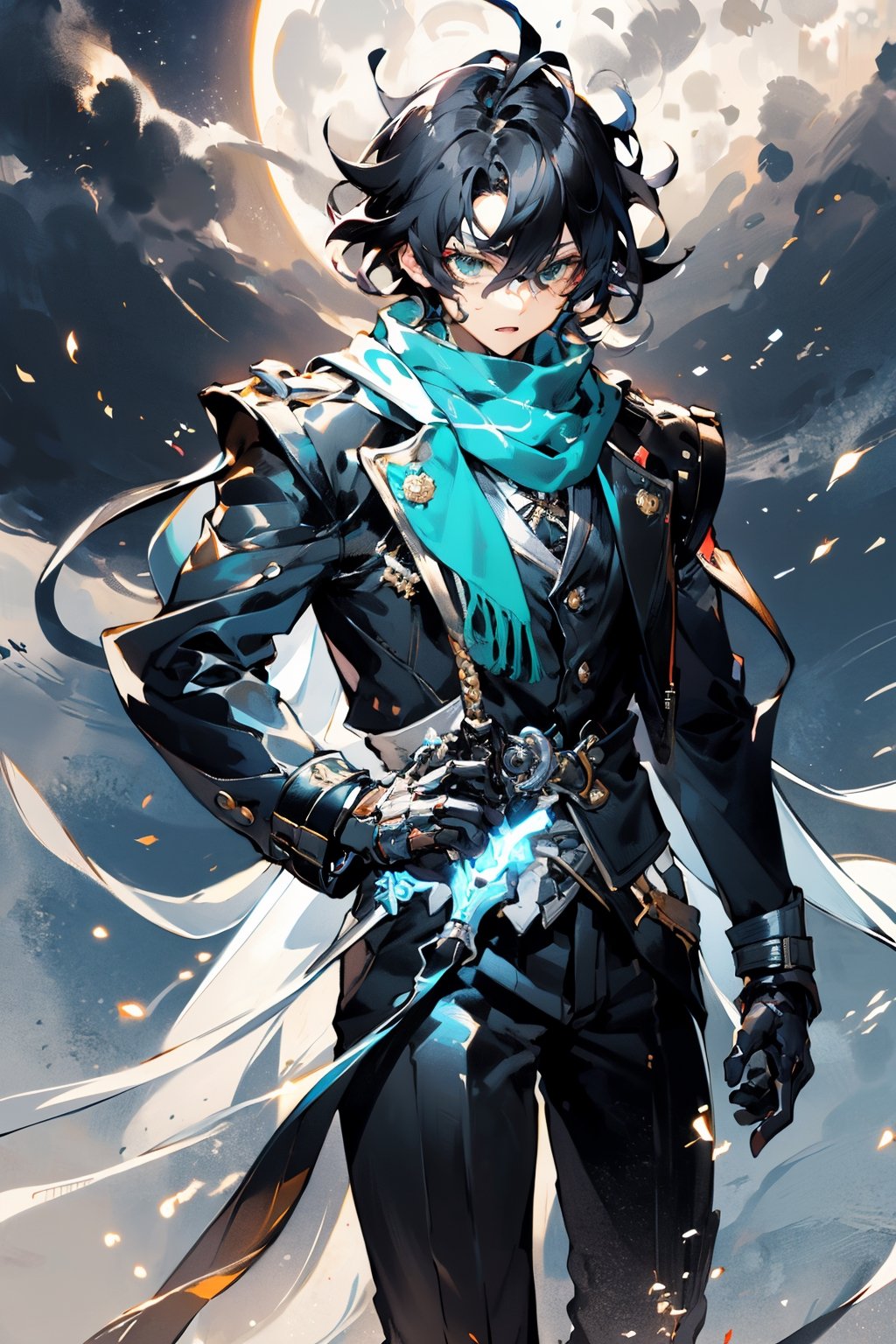 (masterpiece), best quality, expressive eyes, perfect face, 1boy, short hair, black hair, wavy hair, male, scarf around mouth, green eyes, long jacket, leather jacket, holding a revolver, walking, hunter witches, black gloves, full moon, dark night,