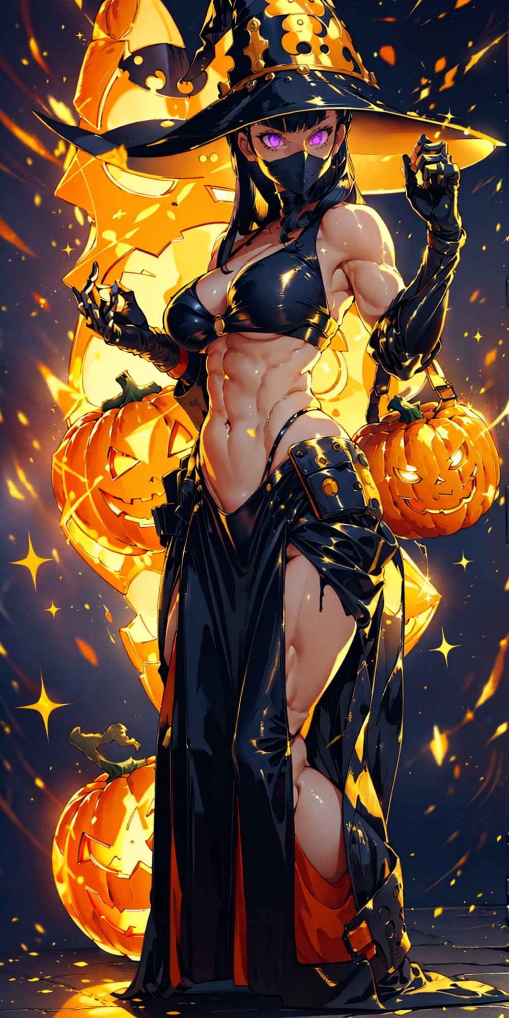 solo,a witch,mask,Standing on a giant  jack-o'-lantern,swirling magic around her body, full body, cinematic lighting, very detailed, vibrant, 8k, best quality, ultra sharp focus, glowing, sparkles, artwork by granblue fantasy, artgerm, amazing background, makioze