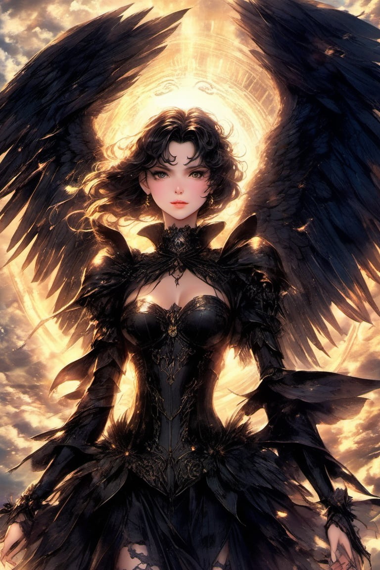 (Best quality) (masterpiece) A beautiful dark Fallen angel portrait scene in the 1990 anime show,  dark fantasy,  vintage...