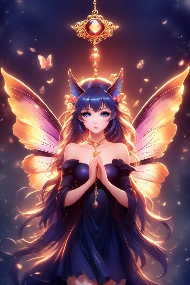 (Best quality) (masterpiece) A beautiful (dark) fairy portrait scene in the 1990 anime show, fairy wings, dark fantasy, vintage anime (1990s anime) , retro anime, fairytale, Classic fairytale, dark fairytale , ominous background ,Magical Fantasy style,fairy,butterfly_wings,EpicSky,Spirit Fox Pendant,cloud