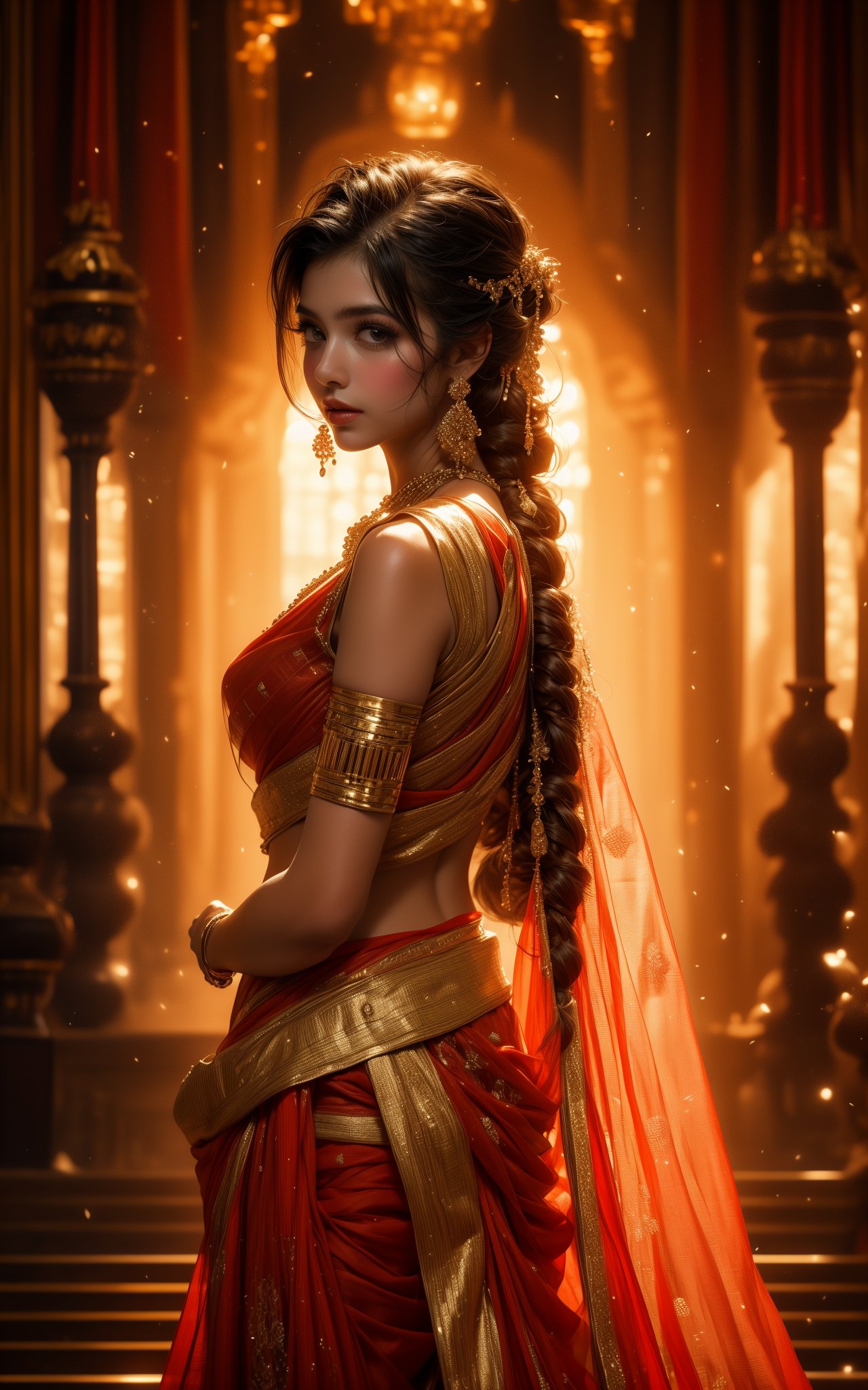 A serene and mystical mid-journey portrait captures the essence of refined beauty. Soft golden light illuminates her gentle features, while long flowing hair cascades down her back like a river of silk. Her delicate Indian saree and matching blouse shimmer in harmony, as she poses with effortless elegance, exuding an alluring plus-size allure that embodies the art of beauty.