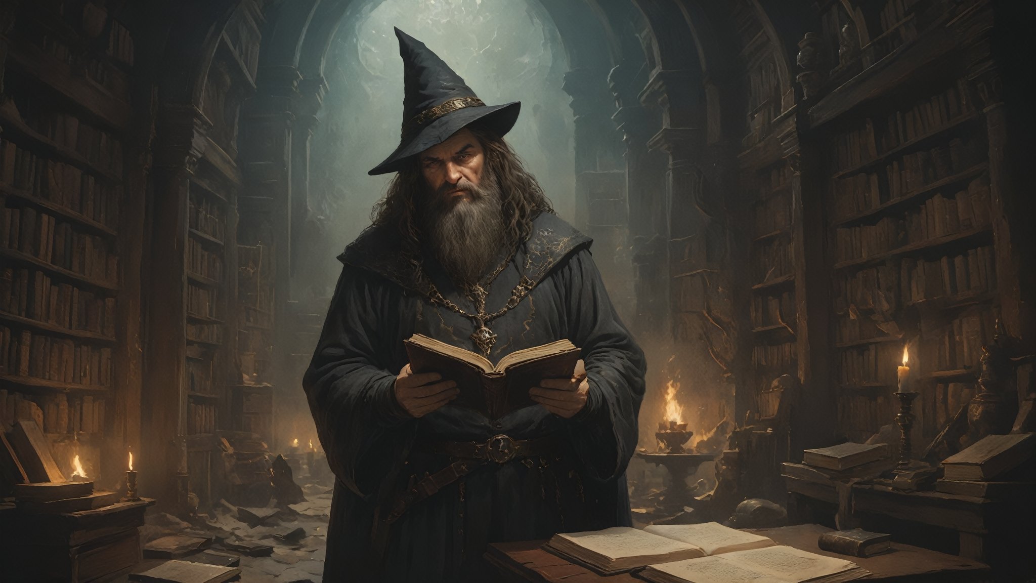 award winning waist up photo of a rugged fantasy wizard, reading arcane books in a vast magical library of sorcery