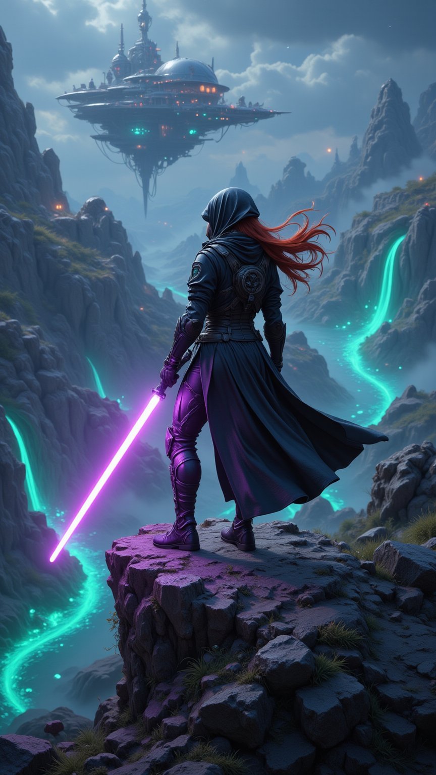 Epic fantasy artwork, a dynamically posed female Jedi knight holding a glowing purple lightsaber wearing a black hooded battle garment over  armored tactical suit, stands atop an alien cliff overlooking a vast, bioluminescent landscape, futuristic floating cities in the background, glowing turquoise neon rivers cutting through the rugged terrain, her long red hair flowing in the wind, strong contrast between the stormy sky and her dark clothes, intense lighting from below casting sharp shadows, dramatic and powerful composition",FluxBoost