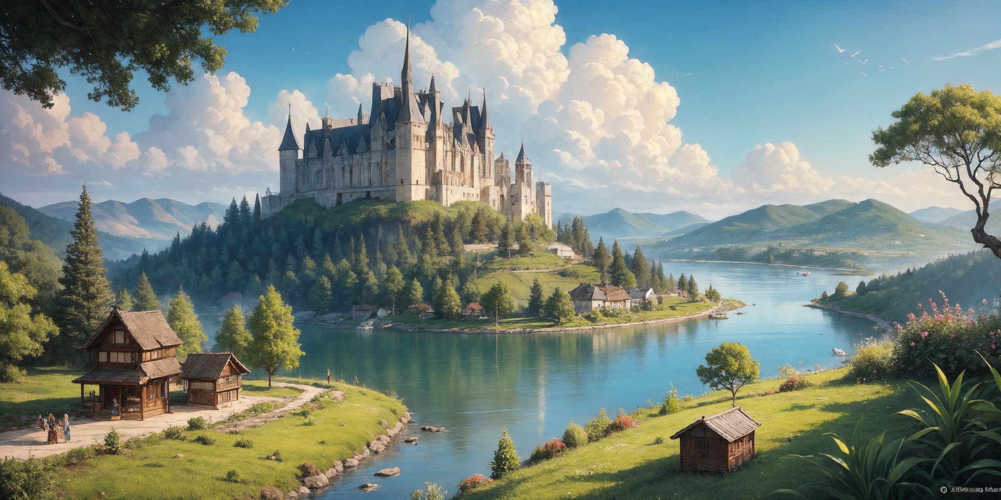 A whimsical 4K illustration depicting a breathtaking, green-tinted landscape teeming with natural wonders: rolling mountains, towering trees, and a serene river flowing gently through the heart of a majestic kingdom. In the distance, imposing castles pierce the sky, while fluffy white clouds drift lazily across the vast expanse. Amidst this serene backdrop, tiny houses and people go about their daily lives, inviting the viewer to marvel at the intricate details and sense of wonder that fills this miniature world.