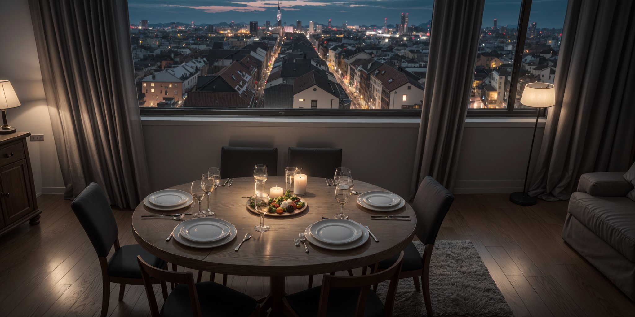 High Overhead view, night time, Professional photography, interior design magazine photo, beautiful elegant modern apartment Scandinavian dining room, sumptuous dinner arrangement, delicious food on the table, curtains closed, warm aesthetic, 8K, HDR, VRAY Rendering, Archintetiors, raytracing, night time cinematic lighting, hyperdetailed, high resolution, Nikon D800, Canon 5D, Fujifilm, bokeh, ultra detailed, official art, unity 8k wallpaper, Realism