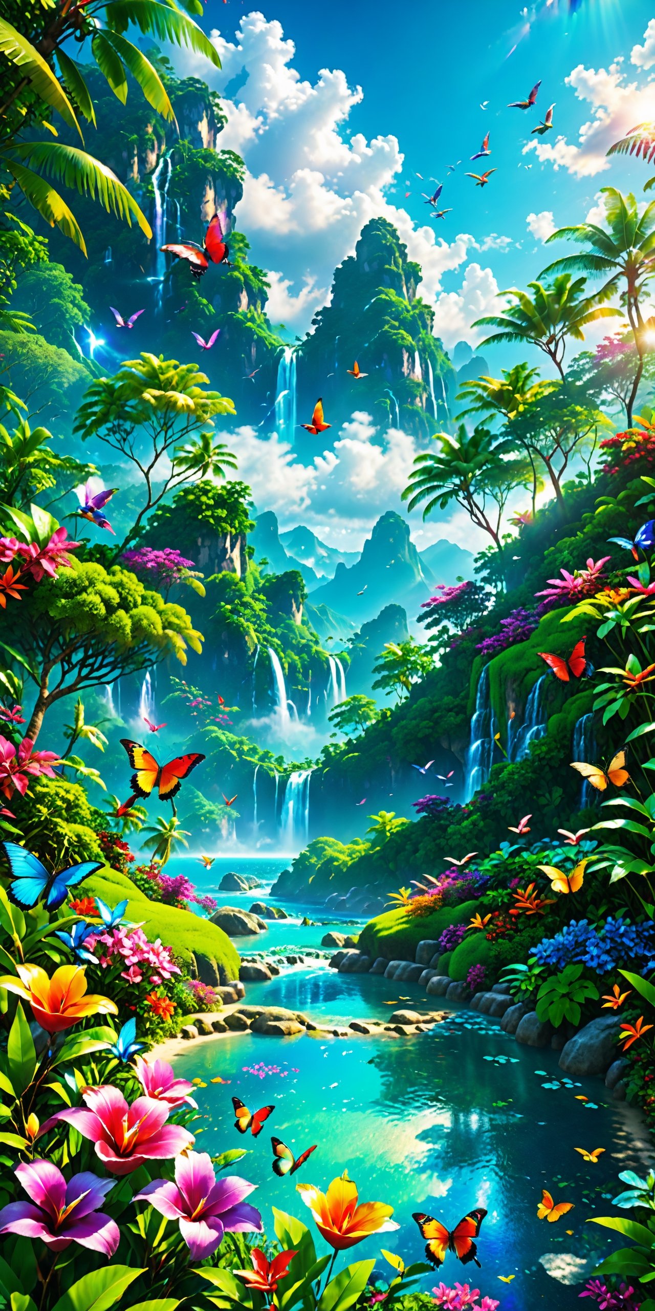 Masterpiece, best quality, high quality, highly detailed cg unity 8k wallpaper, an extremely colorful and pure fantasy environment, vibrant tones and vast bright blue cloudy skies, bright green grass landscapes, colorful trees, luscious berries and bright blue flowers, Crystal clear streams, waterfalls and valleys stretch into the distance of this exotic Environment that seems taken out of a dream, colorful butterflies and multicolored birds fly around the tropical paradise, award winning photography, bokeh, depth of field, HDR, bloom, chromatic aberration, realistic, very detailed, trending on artstation , trending on cgsociety, intricate, high detail, dramatic, midjourney art