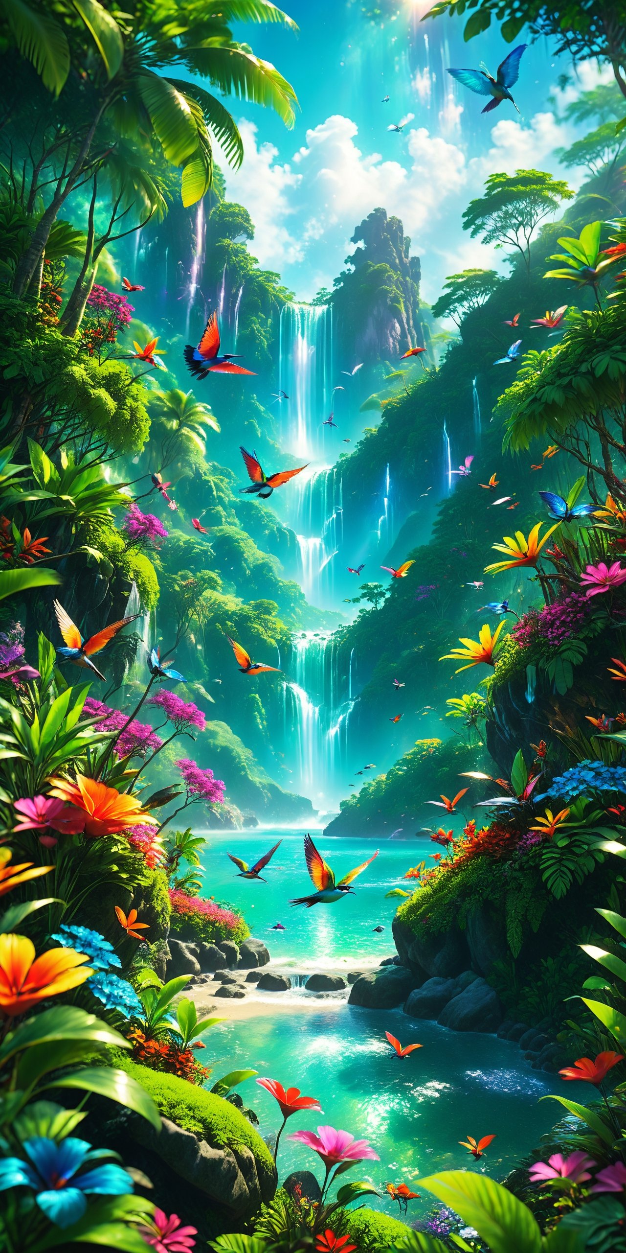 Masterpiece, best quality, high quality, highly detailed cg unity 8k wallpaper, an extremely colorful and pure fantasy environment, vibrant tones and vast bright blue cloudy skies, bright green grass landscapes, colorful trees, luscious berries and bright blue flowers, Crystal clear streams, waterfalls and valleys stretch into the distance of this exotic Environment that seems taken out of a dream, colorful butterflies and multicolored birds fly around the tropical paradise, award winning photography, bokeh, depth of field, HDR, bloom, chromatic aberration, realistic, very detailed, trending on artstation , trending on cgsociety, intricate, high detail, dramatic, midjourney art