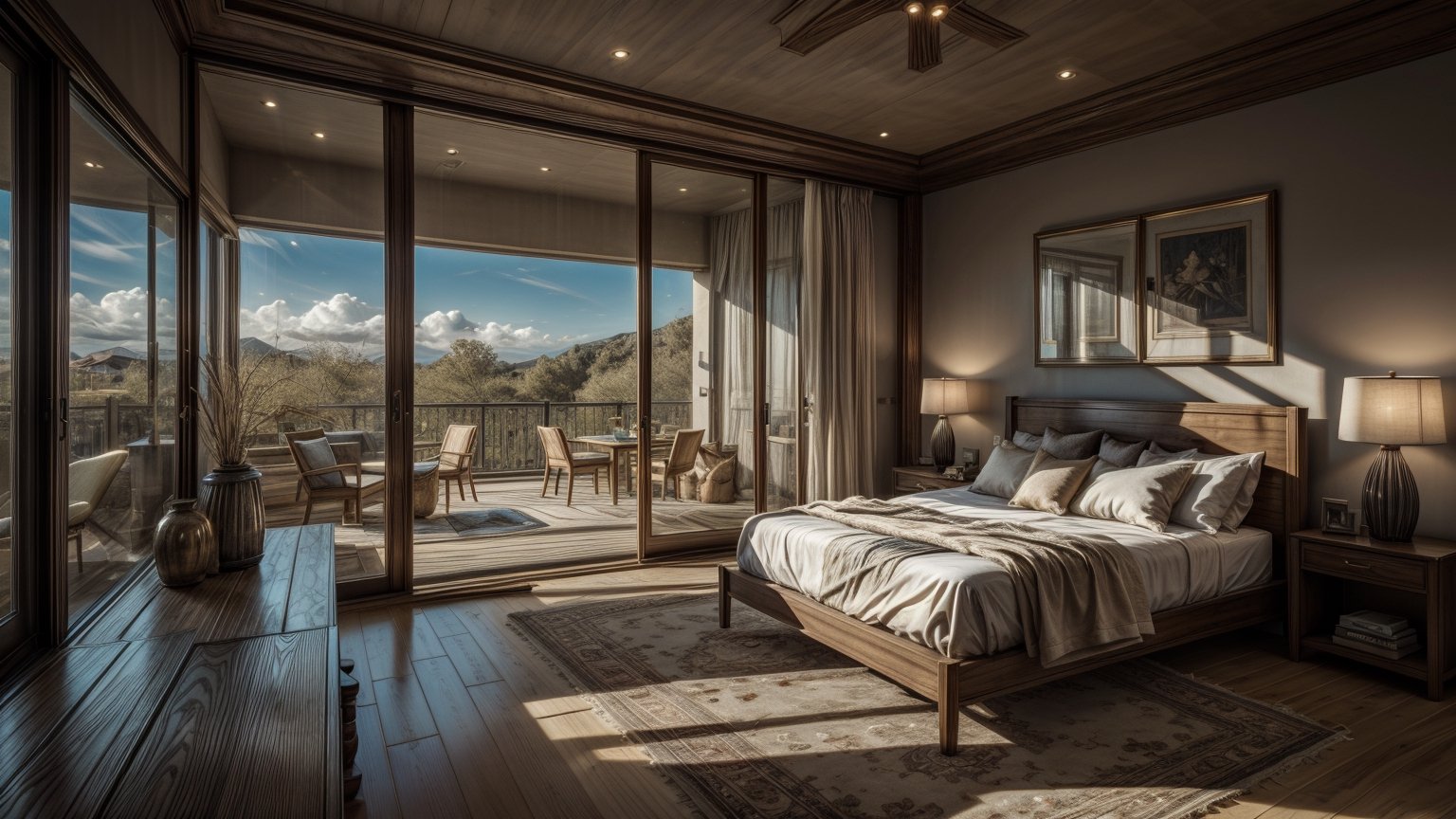photoreal.realistic,  luxurious spacious bedroom of a modern villa that exudes elegance and sophistication creating a harm...