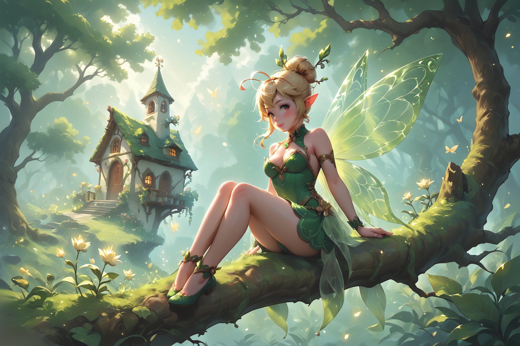 score_9, score_6_up, score_5_up,Very detailed, perfect image, a whimsical masterpiece of a A tiny curvy fairy, reminiscent of Tinkerbell, sits delicately on a tree branch, her porcelain-white skin glistening in the warm light her golden hair gleaming. She wears a very short green skirt, barely visible beneath her transparent insect wings, which shimmer and dance in the soft glow. The surrounding garden, ablaze with vibrant flora, creates a sense of enchantment as it wraps around the wooden cottage, its rustic charm complementing the fairy's ethereal beauty.,Perfect skin