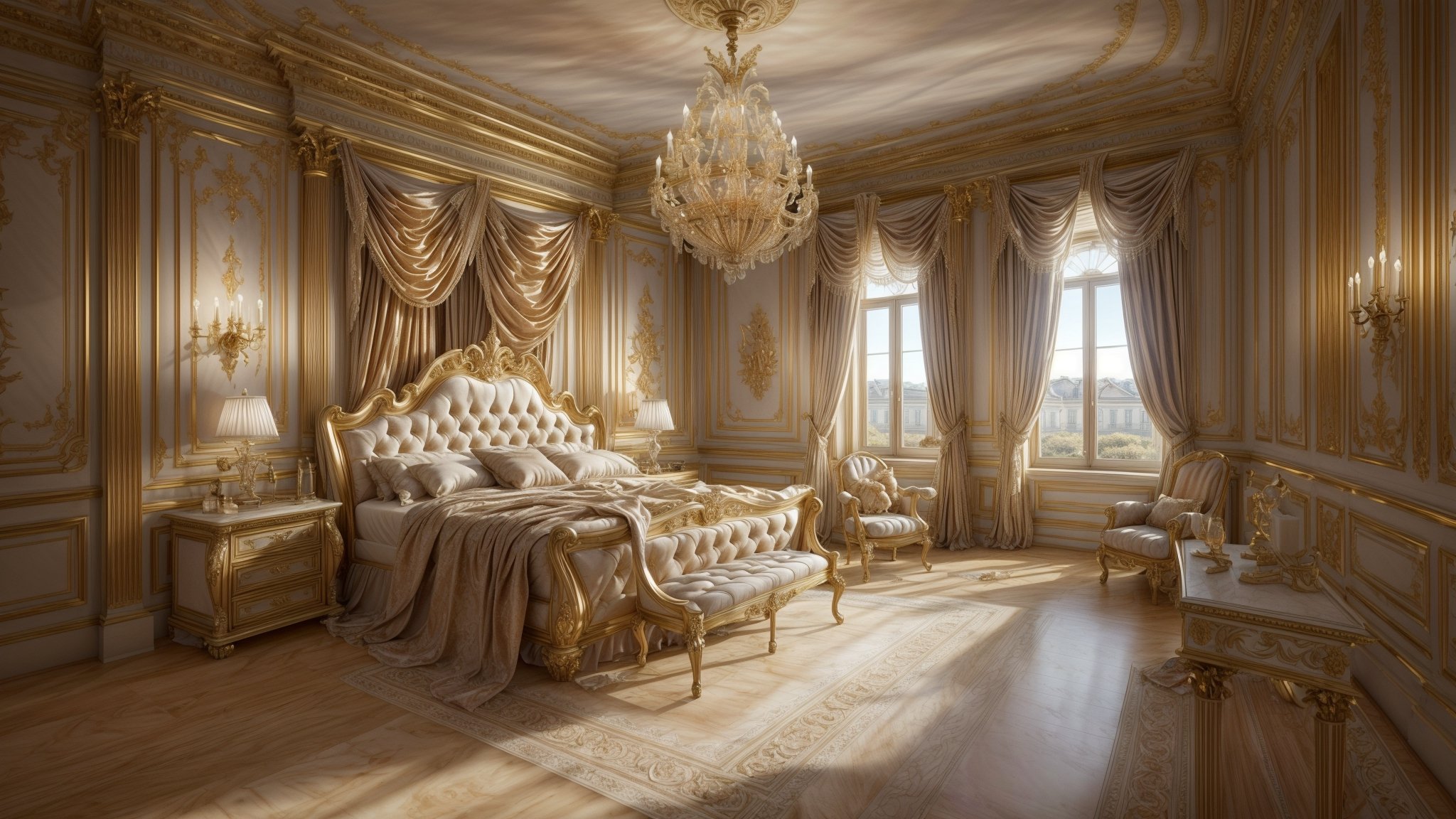 Photograph of a beautiful luxurious bedroom,  classical penny European Royal palace Interior design Style,  ((masterpiece)...