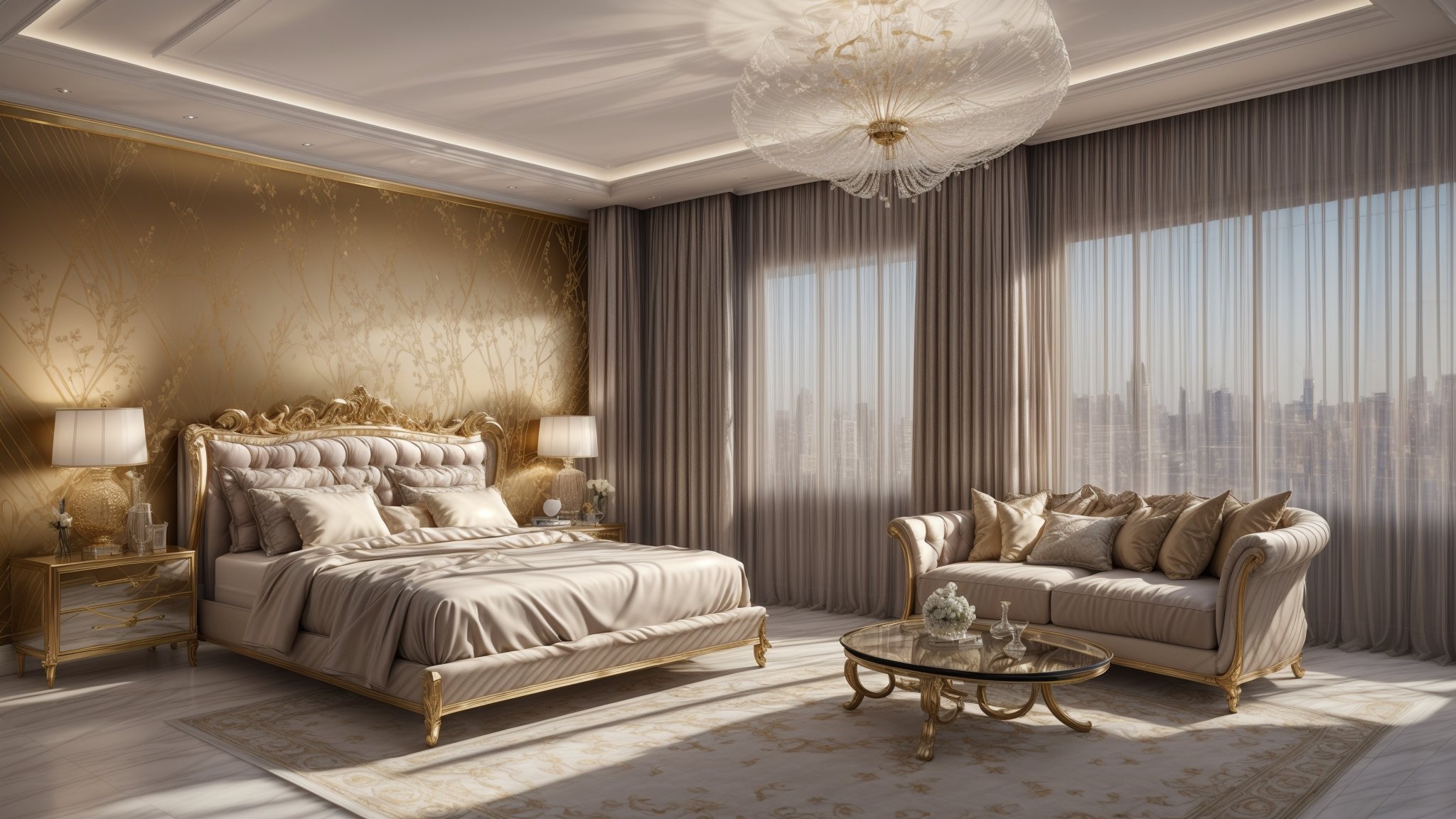 Photograph of a beautiful luxurious bedroom,  Modern luxury penthouse apartment Interior Style,  ((masterpiece))) by Clone...