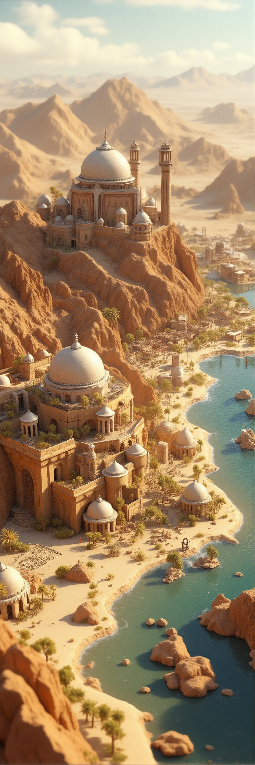 A tranquil,  ethereal desert kongdom metropolis unfurls in a captivating isometric diorama,  where hyper-detailed Islamic...