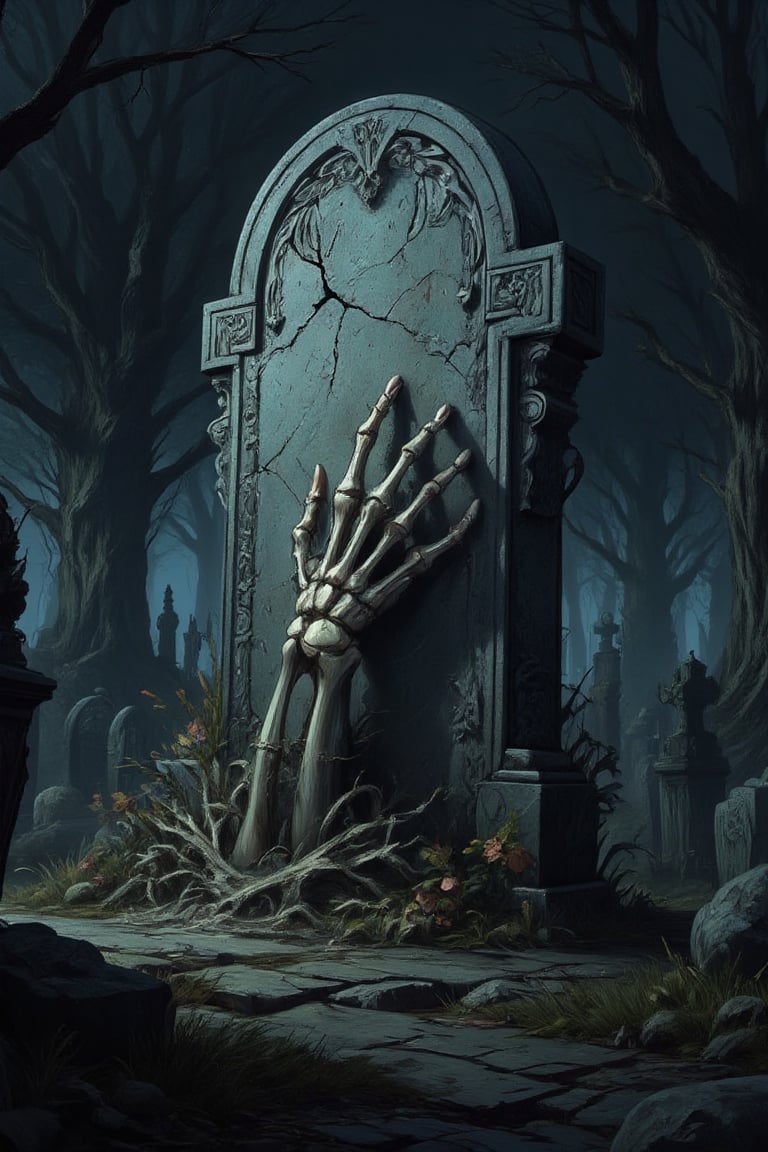 Masterpiece, professional, award-winning, intricate details, ultra high detailed, 64k, dramatic light, volumetric light, A skeletal hand smashes out of the ground in front of a cracked tombstone In a spooky misty graveyard at night under creepy trees. Renaissance art style. Showcasing incredible texture and detail. Rendered in high-quality, super-detailed textures. Meticulously illustrated. The dark background adds to the ominous atmosphere, 8k,anime,illustrated,Enhanced all,