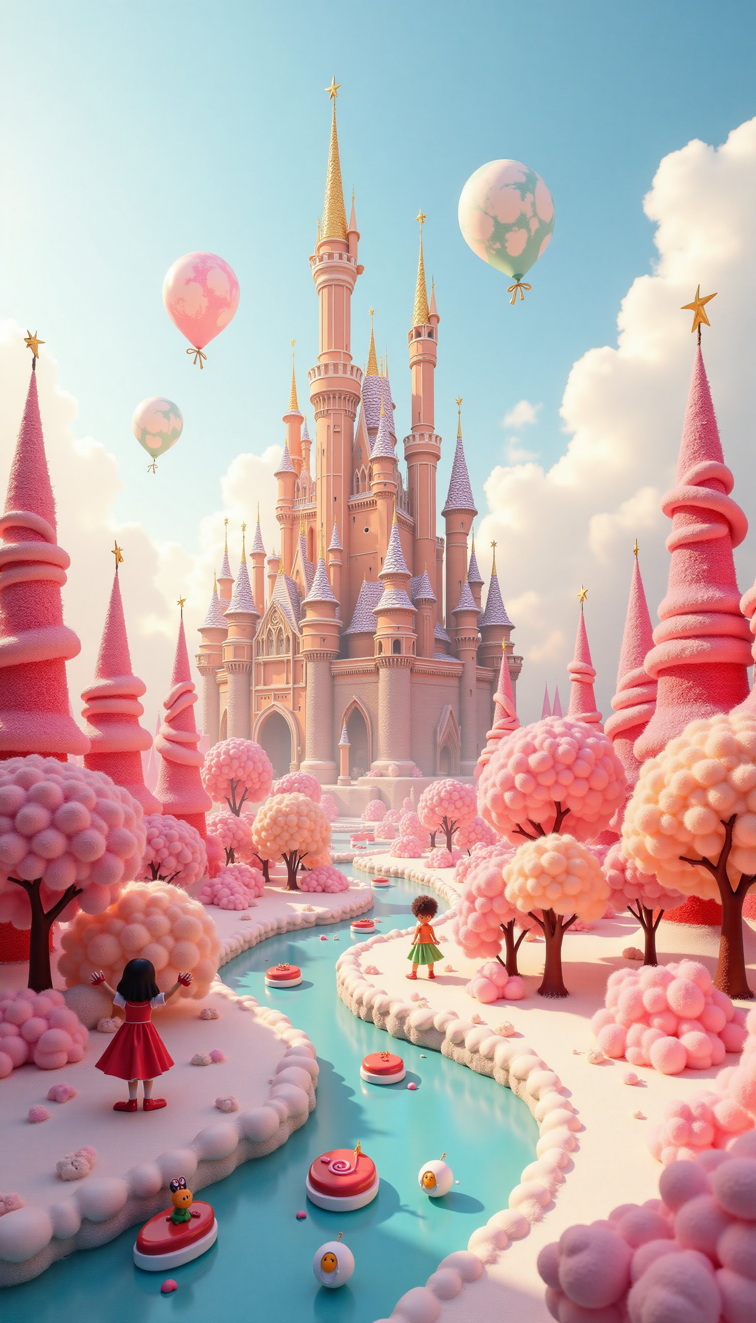 In the distance, a majestic Disney castle made of towering gingerbread rises above the skyline, adorned with gumdrop towers and licorice turrets. A sugary river of caramel winds through the heart of the city, with marshmallow boats gently floating on its surface. The trees in this fantastical world are tall, swirled lollipops and candy corn, with cotton candy clouds hanging low in the sky. Children made of sugar and sweet confections play along the streets, holding candy balloon animals that hover in the air, weightless,VNS_Add more details