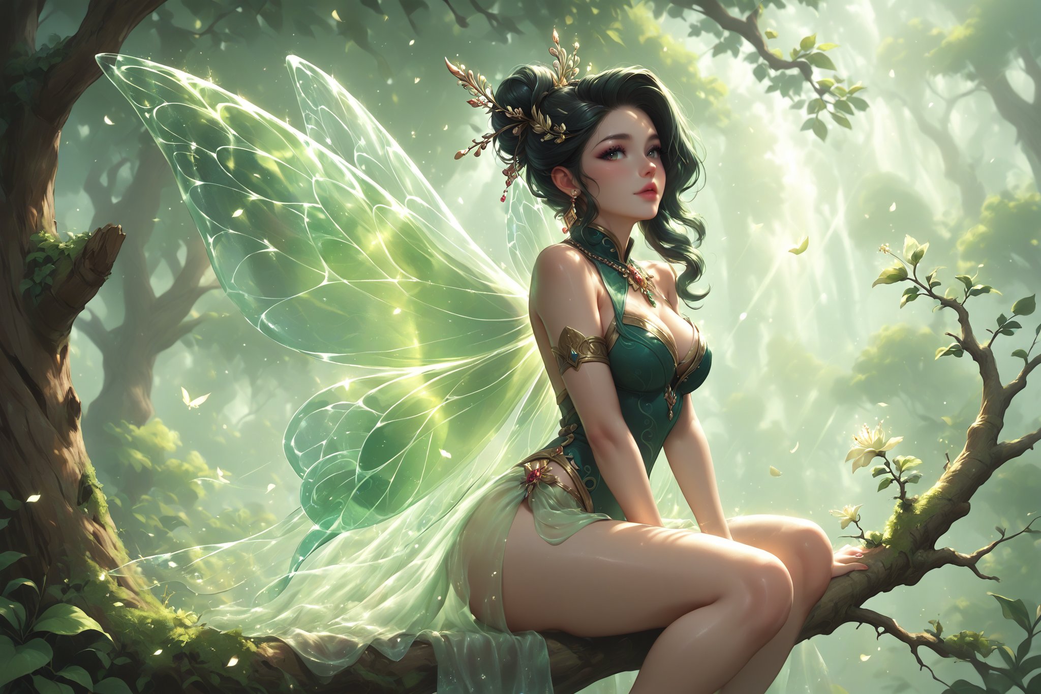 score_9, score_6_up, score_5_up,Very detailed, perfect image, a qhimsical masterpiece of a tiny curvy fairy, reminiscent of Tinkerbell, sits delicately on a tree branch, her porcelain-white skin (perfect) glistening in warm sunlight. Her black hair shines and blows in the gentle breeze as she wears a flowing red lace Indian saree beneath transparent dragonfly wings, shimmering and dancing in the soft glow. The surrounding garden, ablaze with vibrant flora, wraps around the rustic wooden cottage, complementing the fairy's ethereal beauty.