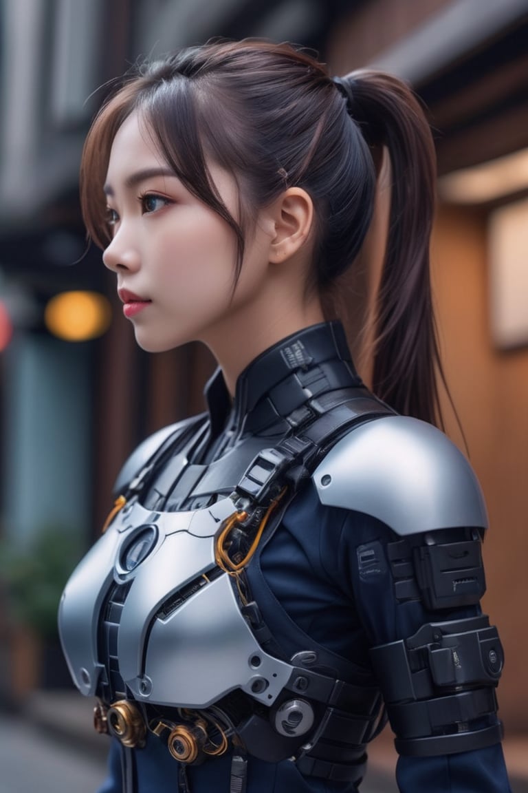 (glamour photography:1.3) photo of young sll ssyy zls dnls xiyan, {ponytail|bobcut,longhair}, (sexy jaw:1.2),  wearing (cyborg clothing:1) and cyborg style Lady police outfit, android, (blush:0.9), (goosebumps:0.5), (petite:1.2), (skinny:1.2), beautiful, masterpiece, remarkable color, ultra realistic, textured skin, remarkable detailed pupils, realistic dull skin noise, visible skin detail, skin fuzz, dry skin, young adult body, (candid pose), (upper body framing:1.2), intricate dfdd background, soft natural lighting, (ray tracing:1.2), subsurface scattering, {from side|from behind}, golden ratio, shot with Rolleiflex, RAW candid cinema, 50mm portrait lens, Fujicolor Pro film