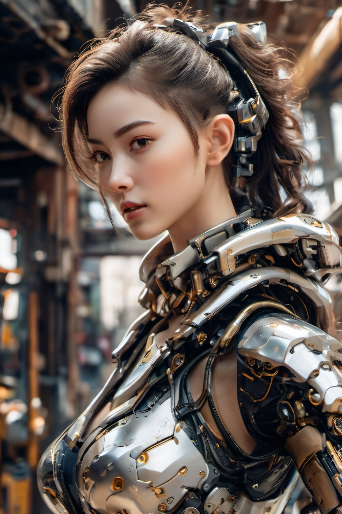 (glamour photography) photo of a cyborg xxmix_girl in her 20s, (jaw), {ponytail|bobcut|hair in a bun}, cyborg style, android, mechanical body, mecha, (blush:0.9), (goosebumps:0.5), beautiful, masterpiece, photorealistic, hi-res, hdr, 8k, remarkable color, ultra realistic, textured skin, realistic dull skin noise, visible skin detail, skin fuzz, dry skin, (petite:1.2), (a goddess seducing the viewer), (upper body from waist framing:1.75), (detailed futuristic background), hard natural lighting, (ray tracing:1.4), subsurface scattering, {from side|from back|(shot from a dutch angle)}, golden ratio, shot on Leica T, RAW cinema photo, 50mm portrait lens, shallow depth of field, Fujicolor Pro film