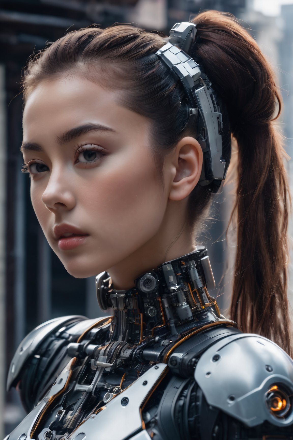 (glamour photography) photo of a cyborg xxmix_girl in her 20s, (jaw), {ponytail|bobcut|hair in a bun}, cyborg style, android, mechanical body, (blush:0.9), (goosebumps:0.5), dfdd, beautiful, masterpiece, photorealistic, hi-res, hdr, 8k, remarkable color, ultra realistic, textured skin, realistic dull skin noise, visible skin detail, skin fuzz, dry skin, (petite:1.2), (pretend to be the goddess seducing the viewer), (upper body framing:1.75), (detailed futuristic background), hard natural lighting, (ray tracing:1.4), subsurface scattering, {from side|from back|(shot from a dutch angle)}, golden ratio, shot on Leica T, RAW cinema photo, 50mm portrait lens, shallow depth of field, Fujicolor Pro film