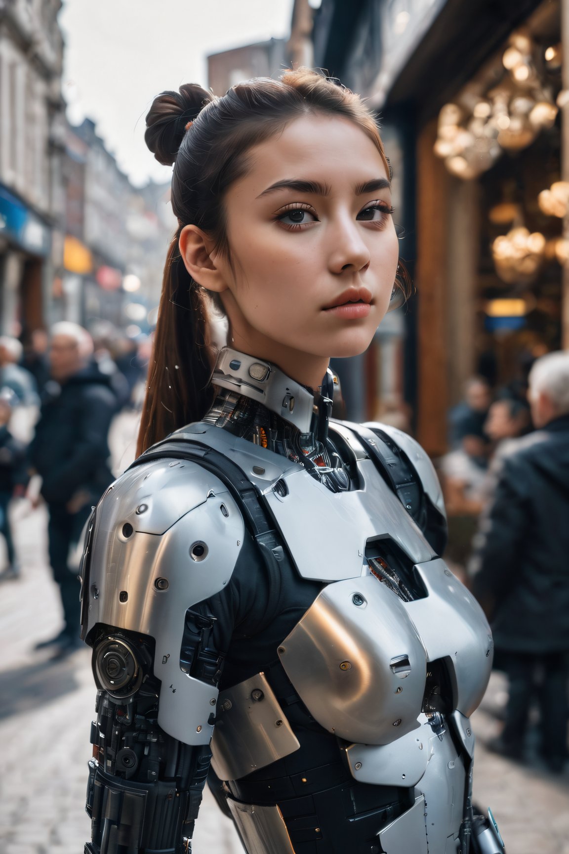 (street fashion photography) photo of a cyborg xxmix_girl in her 20s, (jaw), {ponytail|bobcut|hair in a bun}, cyborg style, android, mechanical body, (blush:0.9), (goosebumps:0.5), dfdd, beautiful, masterpiece, photorealistic, hi-res, hdr, 8k, remarkable color, ultra realistic, textured skin, realistic dull skin noise, visible skin detail, skin fuzz, dry skin, (petite:1.2), (pretend to be the goddess seducing the viewer), (full body framing:1.75), (detailed background), hard natural lighting, (ray tracing:1.4), subsurface scattering, {from side|from back|(shot from a dutch angle)}, golden ratio, shot on ALEXA 65, RAW cinema photo, 50mm portrait lens, shalllow depth of field, Fujicolor Pro film