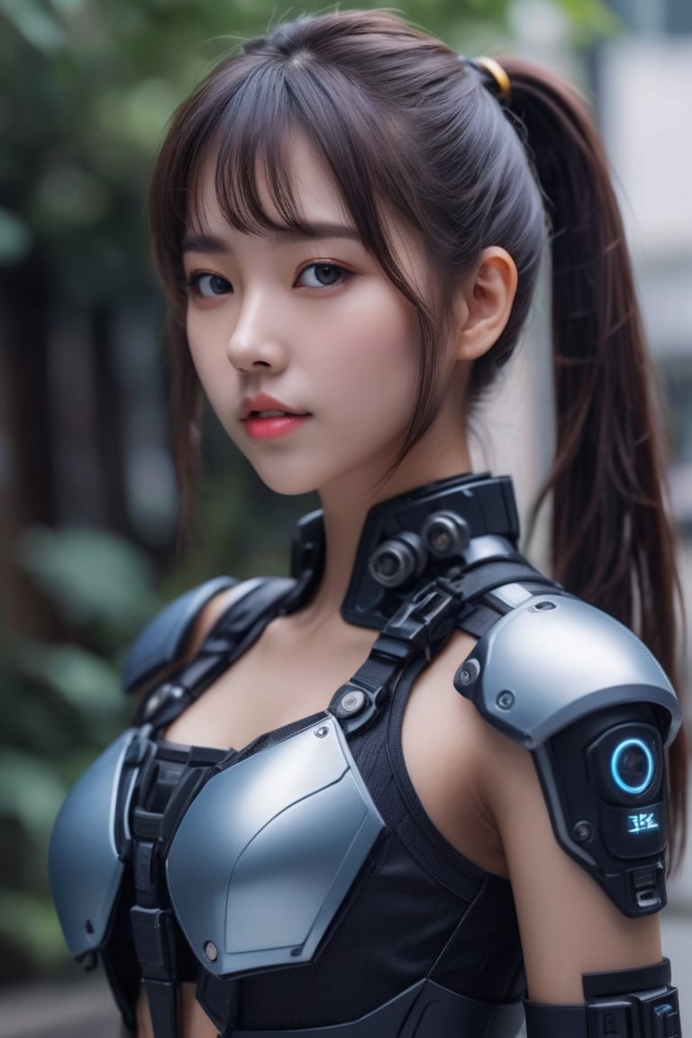 (glamour photography:1.3) photo of young sll ssyy zls dnls xiyan, {ponytail|bobcut,longhair}, (sexy jaw:1.2),  wearing (cyborg clothing:1) and cyborg style Lady police outfit, android, (blush:0.9), (goosebumps:0.5), (petite:1.2), (skinny:1.2), beautiful, masterpiece, remarkable color, ultra realistic, textured skin, remarkable detailed pupils, realistic dull skin noise, visible skin detail, skin fuzz, dry skin, young adult body, (candid pose), (upper body framing:1.2), intricate dfdd background, soft natural lighting, (ray tracing:1.2), subsurface scattering, {from side|from behind}, golden ratio, shot with Rolleiflex, RAW candid cinema, 50mm portrait lens, Fujicolor Pro film