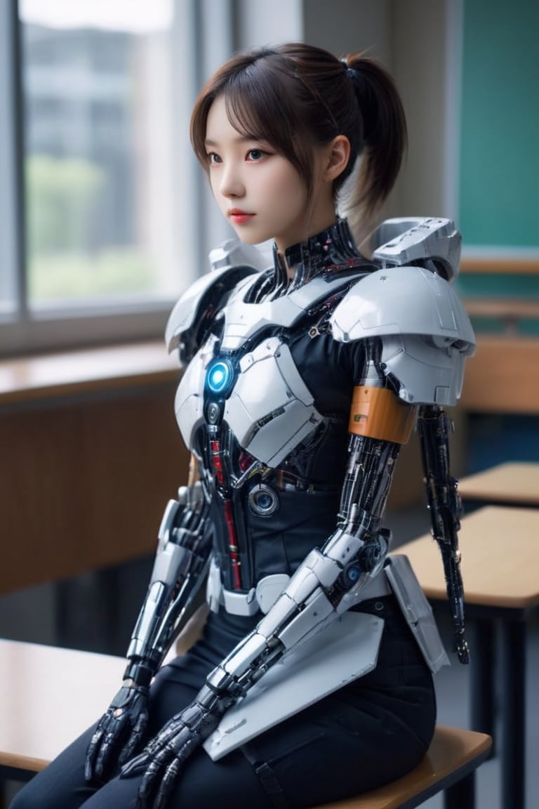 (glamour:1.3) photo of young sll ssyy zls dnls xiyan, (bobcut:ponytail:0.6), (sexy jaw:0.8), dfdd, wearing (school uniform cyborg style:1), cyborg, android, (blush:0.9), (goosebumps:0.5), (petite:1.2), (skinny:1.2), beautiful, masterpiece, remarkable color, ultra realistic, textured skin, perfecteyes, remarkable detailed pupils, realistic dull skin noise, visible skin detail, skin fuzz, dry skin, young adult body, (student sitting on class:1.6), (upper body framing from waist:1.5), intricate classroom background, futuristic setting, soft natural lighting, (ray tracing:1.2), subsurface scattering, {from side|from behind}, golden ratio, shot with Rolleiflex, RAW candid cinema, 85mm portrait lens, Fujicolor Pro film