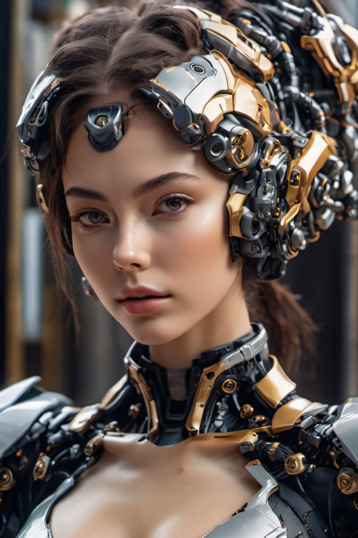 (glamour photography) photo of a cyborg xxmix_girl in her 20s, (jaw), {ponytail|bobcut|hair in a bun}, cyborg style, android, mechanical body, mecha, (blush:0.9), (goosebumps:0.5), beautiful, masterpiece, photorealistic, hi-res, hdr, 8k, remarkable color, ultra realistic, textured skin, realistic dull skin noise, visible skin detail, skin fuzz, dry skin, (petite:1.2), (a goddess seducing the viewer), (upper body from waist framing:1.75), (detailed futuristic background), hard natural lighting, (ray tracing:1.4), subsurface scattering, {from side|from back|(shot from a dutch angle)}, golden ratio, shot on Leica T, RAW cinema photo, 50mm portrait lens, shallow depth of field, Fujicolor Pro film