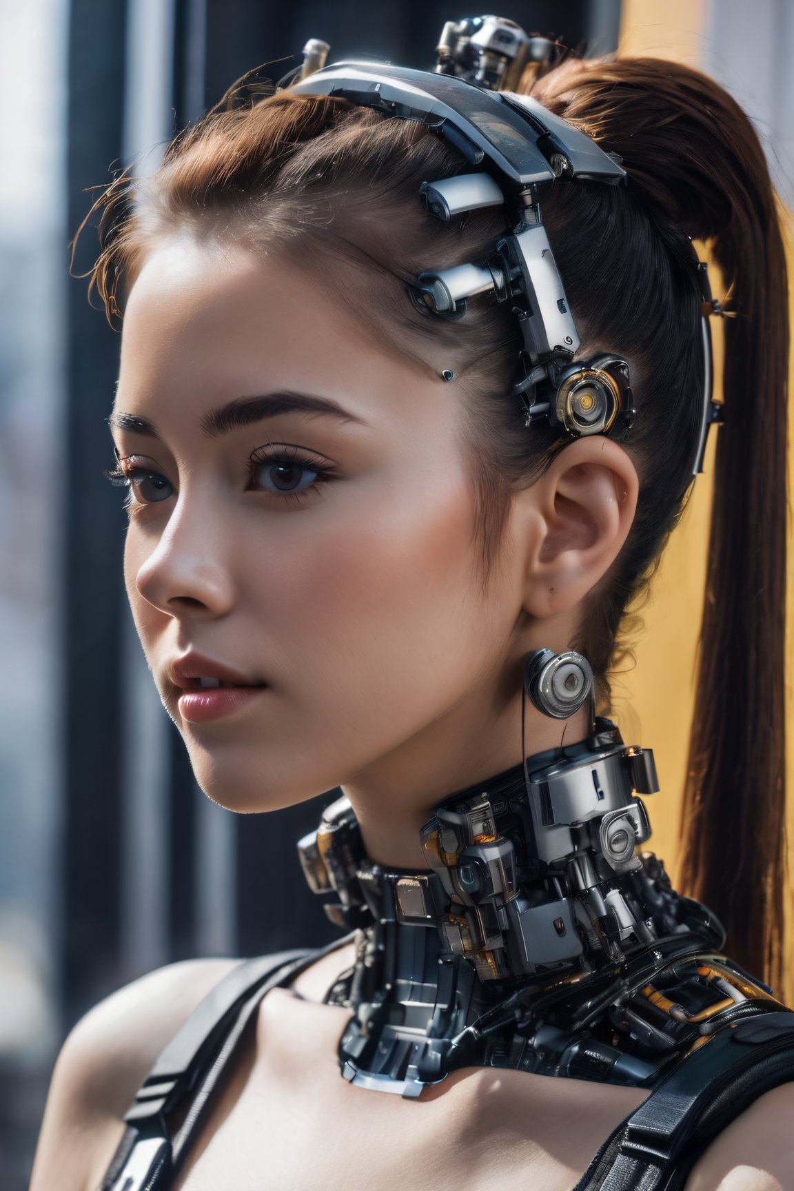 (glamour photography) photo of a cyborg xxmix_girl in her 20s, (jaw), {ponytail|bobcut|hair in a bun}, cyborg style, android, mechanical body, (blush:0.9), (goosebumps:0.5), dfdd, beautiful, masterpiece, photorealistic, hi-res, hdr, 8k, remarkable color, ultra realistic, textured skin, realistic dull skin noise, visible skin detail, skin fuzz, dry skin, (petite:1.2), (pretend to be the goddess seducing the viewer), (upper body framing:1.75), (detailed futuristic background), hard natural lighting, (ray tracing:1.4), subsurface scattering, {from side|from back|(shot from a dutch angle)}, golden ratio, shot on Leica T, RAW cinema photo, 50mm portrait lens, shallow depth of field, Fujicolor Pro film