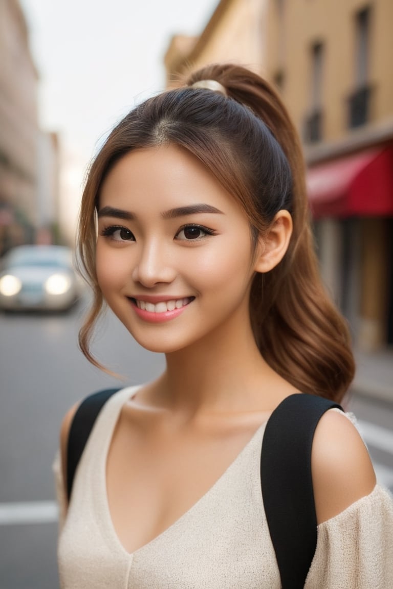 ({glamour|beauty|candid}:1.3) photo of a beautiful {smiling|(serious:1.3)|(sad, teary:1.2)} cutegirlmix her 20s, {ponytail|long|bobcut} hairstyle, similing, wearing {casual|elegant} outfit, (blush:0.5), (goosebumps:0.5), textured skin, realistic dull skin noise, visible skin detail, skin fuzz, dry skin, (skinny:1.2), masterpiece, remarkable color, ultra realistic, dfdd, (posing for a picture on a city street:1.2), (upper body framing from waist:1.6), soft bounced lighting, ray tracing, subsurface scattering, {from side|from above|from behind, looking at viewer}, golden ratio, 50mm portrait lens