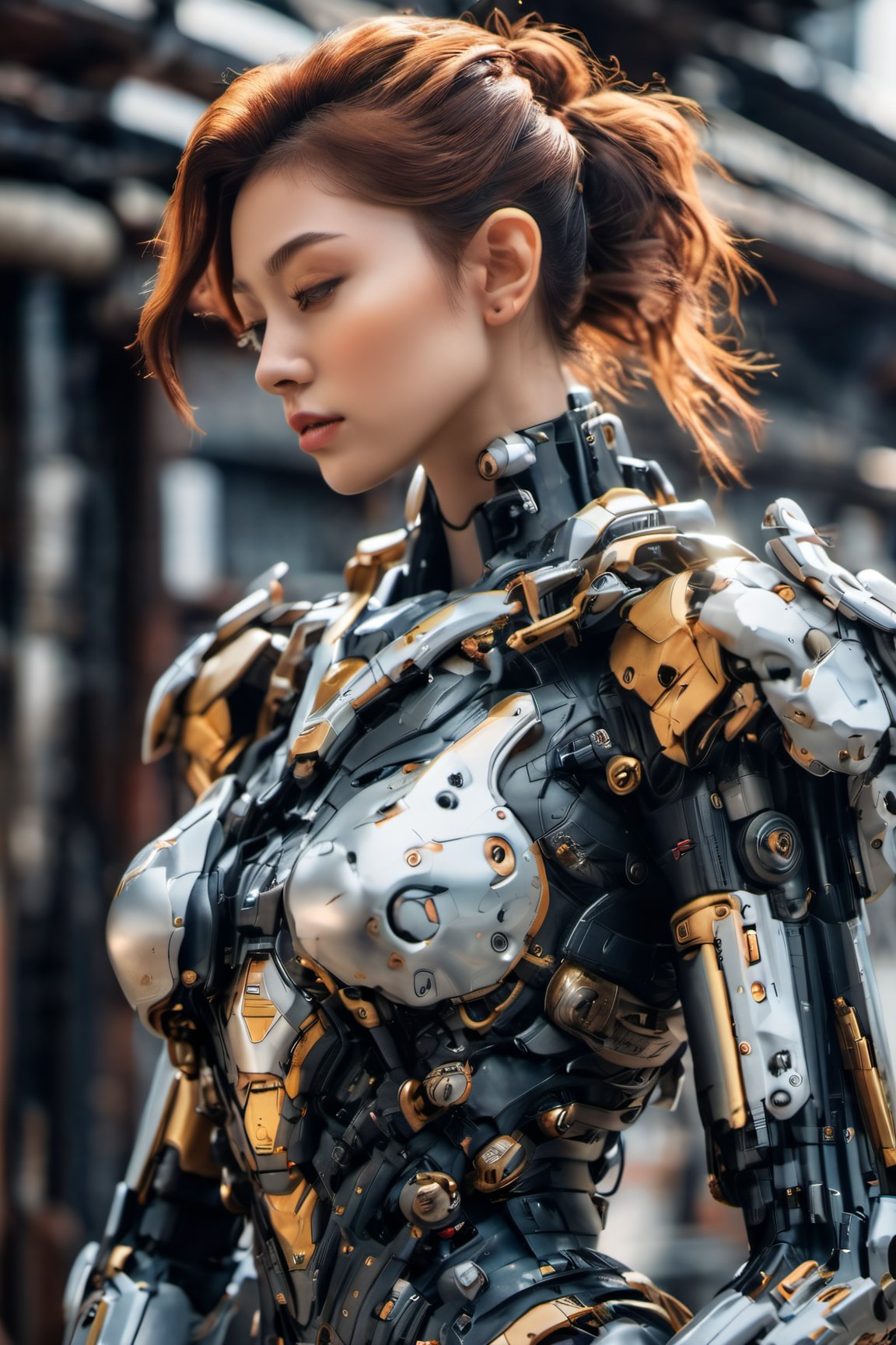 (glamour photography) photo of a cyborg xxmix_girl in her 20s, (jaw), {ponytail|bobcut|hair in a bun}, cyborg style, android, mechanical body, mecha, (blush:0.9), (goosebumps:0.5), beautiful, masterpiece, photorealistic, hi-res, hdr, 8k, remarkable color, ultra realistic, textured skin, realistic dull skin noise, visible skin detail, skin fuzz, dry skin, (petite:1.2), (a goddess seducing the viewer), (upper body from waist framing:1.75), (detailed futuristic background), hard natural lighting, (ray tracing:1.4), subsurface scattering, {from side|from back|(shot from a dutch angle)}, golden ratio, shot on Leica T, RAW cinema photo, 50mm portrait lens, shallow depth of field, Fujicolor Pro film