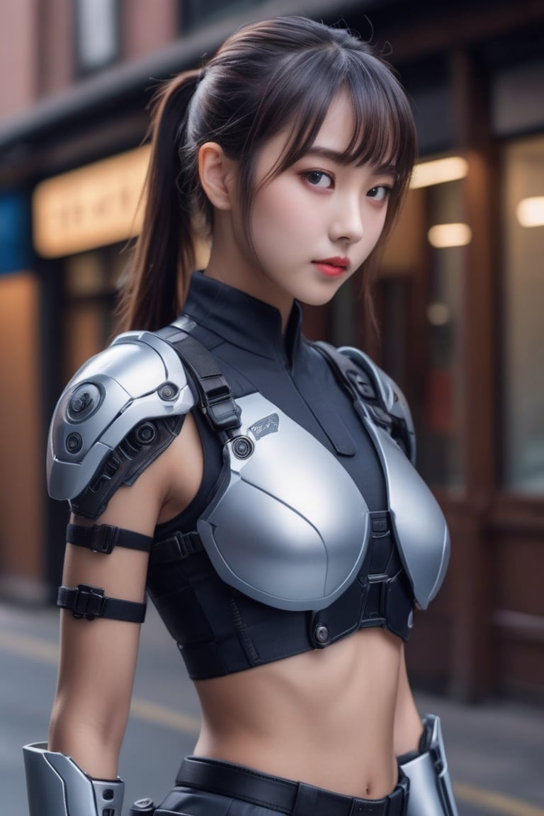 (glamour photography:1.3) photo of young sll ssyy zls dnls xiyan, {ponytail|bobcut,longhair}, (sexy jaw:1.2),  wearing (cyborg clothing:1) and cyborg style Lady police outfit, android, (blush:0.9), (goosebumps:0.5), (petite:1.2), (skinny:1.2), beautiful, masterpiece, remarkable color, ultra realistic, textured skin, remarkable detailed pupils, realistic dull skin noise, visible skin detail, skin fuzz, dry skin, young adult body, (candid pose), (upper body framing:1.2), intricate dfdd background, soft natural lighting, (ray tracing:1.2), subsurface scattering, {from side|from behind}, golden ratio, shot with Rolleiflex, RAW candid cinema, 50mm portrait lens, Fujicolor Pro film