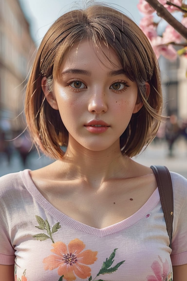 photo of a beautiful young xxmix_girl on the city streets,  bobcut hairstyle with mid-parted bangs,  wearing Watercolor fl...