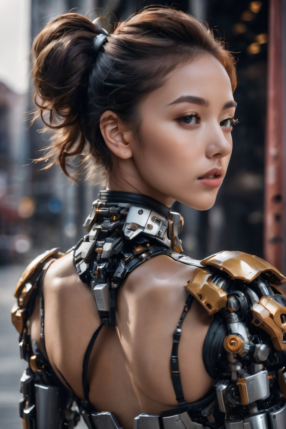 (glamour photography) photo of a cyborg xxmix_girl in her 20s, (jaw), {ponytail|bobcut|hair in a bun}, cyborg style, android, mechanical body, mecha, (blush:0.9), (goosebumps:0.5), beautiful, masterpiece, photorealistic, hi-res, hdr, 8k, remarkable color, ultra realistic, textured skin, realistic dull skin noise, visible skin detail, skin fuzz, dry skin, (petite:1.2), (a goddess seducing the viewer), (upper body from waist framing:1.75), (detailed futuristic background), hard natural lighting, (ray tracing:1.4), subsurface scattering, {from side|from back|(shot from a dutch angle)}, golden ratio, shot on Leica T, RAW cinema photo, 50mm portrait lens, shallow depth of field, Fujicolor Pro film