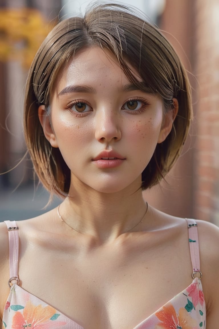 photo of a beautiful young xxmix_girl on the city streets,  bobcut hairstyle with mid-parted bangs,  wearing Watercolor fl...