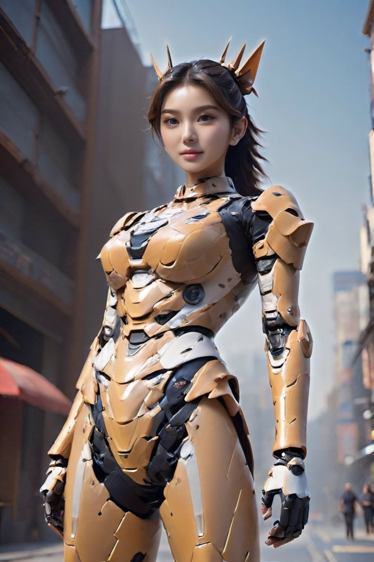 ({glamour|beauty|candid}:1.3) photo of a beautiful woman her 20s, {ponytail|bobcut} hairstyle, similing, wearing {casual|elegant} mecha dress with masamune {skirt|shorts}, (blush:0.5), (goosebumps:0.5), textured skin, realistic dull skin noise, visible skin detail, skin fuzz, dry skin, (skinny:1.2), masterpiece, remarkable color, ultra realistic, dfdd, (posing for a picture on a city street:1.2), (upper body framing from waist:1.6), soft bounced lighting, ray tracing, subsurface scattering, {from side|from above|from behind, looking at viewer}, golden ratio, 50mm portrait lens, mecha_musume