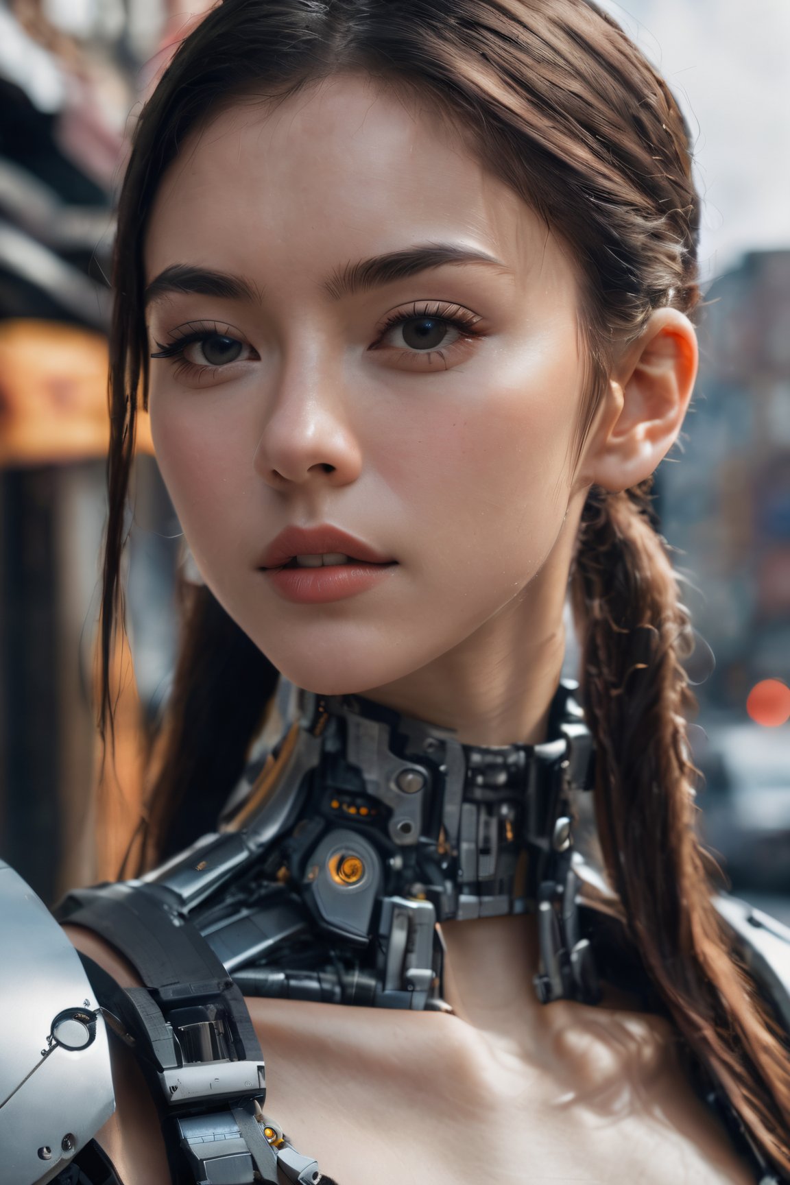 (candid photography) photo of a cyborg xxmix_girl in her 20s, (jaw), {ponytail|bobcut|hair in a bun}, cyborg style, android, mechanical body, (blush:0.9), (goosebumps:0.5), dfdd, beautiful, masterpiece, photorealistic, hi-res, hdr, 8k, remarkable color, ultra realistic, textured skin, realistic dull skin noise, visible skin detail, skin fuzz, dry skin, (petite:1.2), (pretend to be the goddess imposing her beauty), (full body framing:1.75), (detailed background), hard natural lighting, (ray tracing:1.4), subsurface scattering, {from side|from back|(shot from a dutch angle)}, shot on ALEXA 65, RAW cinema photo, 50mm portrait lens, shalllow depth of field, Fujicolor Pro film