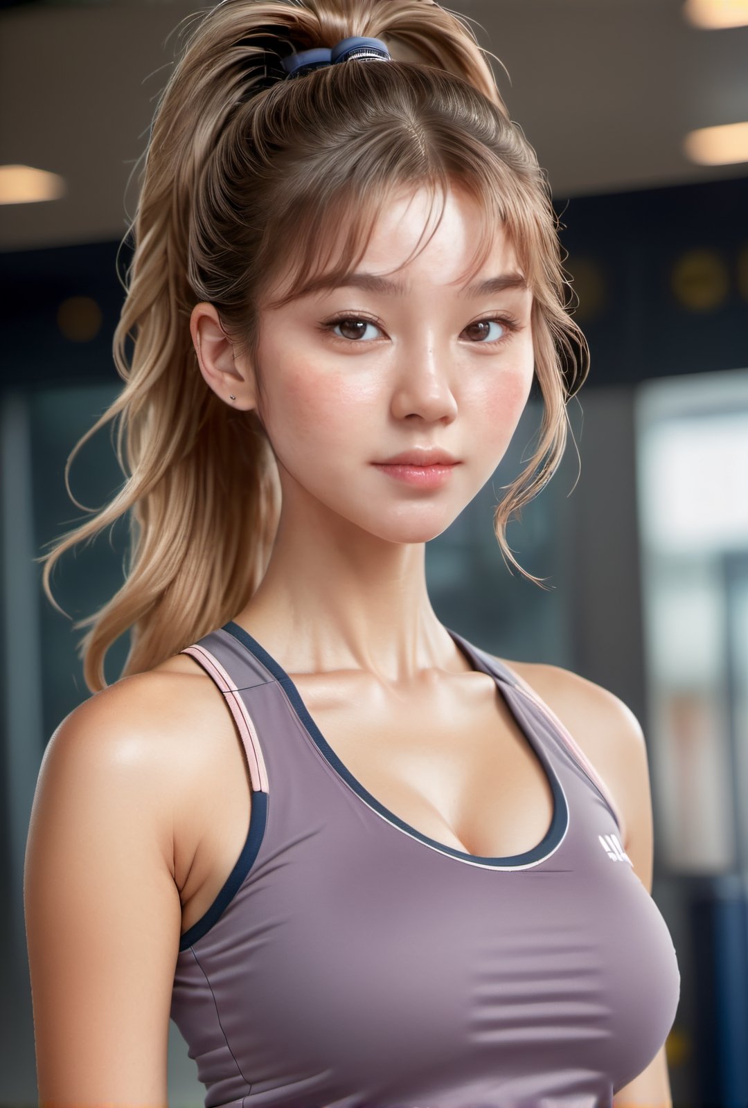 (glamour:1.3) photo of a beautiful young woman with a messy_half_ponytail, wearing Tennis skort and sleeveless polo shirt, BREAK (blush, blemishes:0.6), (goosebumps:0.5), subsurface scattering, detailed skin texture, (slender, absolute_cleavage:1.3), photorealistic, remarkable color, textured skin, realistic dull skin noise, visible skin detail, skin fuzz, (upper body from hips framing:1.3), posing at an airport, looking at the camera, natural lighting, shot on Kodak Vision3 IMAX, golden_ratio