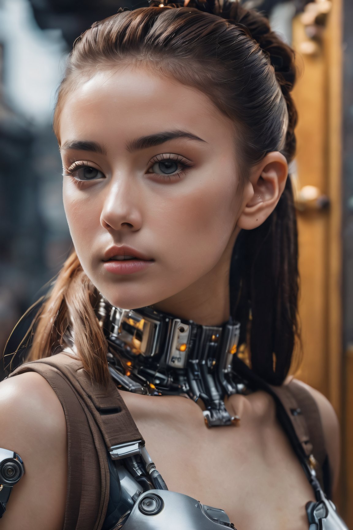 (glamour photography) photo of a cyborg xxmix_girl in her 20s, (jaw), {ponytail|bobcut|hair in a bun}, cyborg style, android, mechanical body, (blush:0.9), (goosebumps:0.5), dfdd, beautiful, masterpiece, photorealistic, hi-res, hdr, 8k, remarkable color, ultra realistic, textured skin, realistic dull skin noise, visible skin detail, skin fuzz, dry skin, (petite:1.2), (pretend to be the goddess seducing the viewer), (full body framing:1.75), (detailed futuristic background), hard natural lighting, (ray tracing:1.4), subsurface scattering, {from side|from back|(shot from a dutch angle)}, golden ratio, shot on ALEXA 65, RAW cinema photo, 50mm portrait lens, shalllow depth of field, Fujicolor Pro film