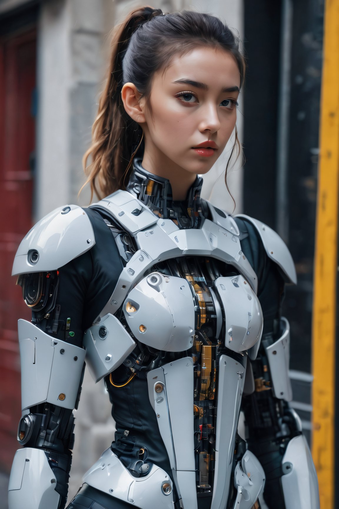 (street fashion photography) photo of a cyborg xxmix_girl in her 20s, (jaw), {ponytail|bobcut|hair in a bun}, cyborg style, android, mechanical body, (blush:0.9), (goosebumps:0.5), dfdd, beautiful, masterpiece, photorealistic, hi-res, hdr, 8k, remarkable color, ultra realistic, textured skin, realistic dull skin noise, visible skin detail, skin fuzz, dry skin, (petite:1.2), (pretend to be the goddess seducing the viewer), (full body framing:1.75), (detailed background), hard natural lighting, (ray tracing:1.4), subsurface scattering, {from side|from back|(shot from a dutch angle)}, golden ratio, shot on ALEXA 65, RAW cinema photo, 50mm portrait lens, shalllow depth of field, Fujicolor Pro film